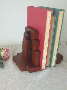 Vintage Wooden Bookends Set | MCM Brutalist Geometric Bookends | Mid Century